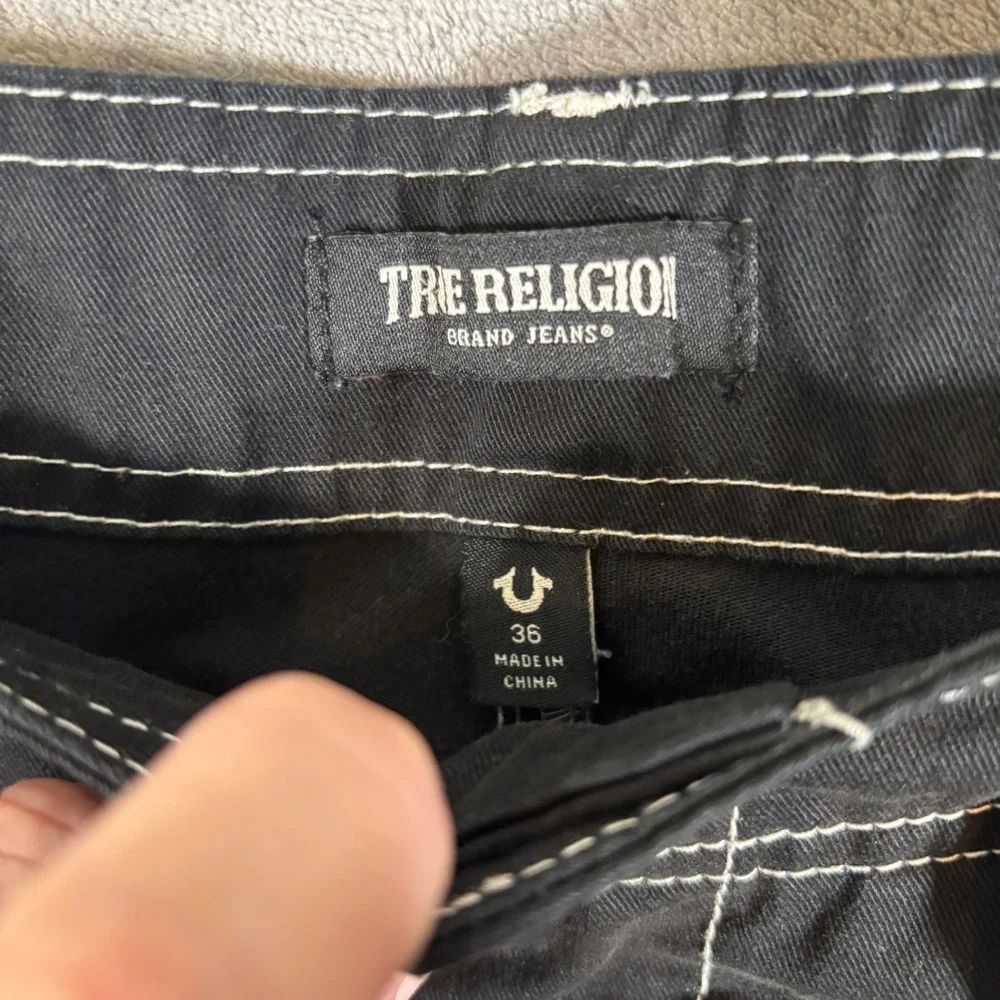 True Religion Mens Black White Contrast Stitch Cargo Pants 36x31 Rave Goth Y2K
